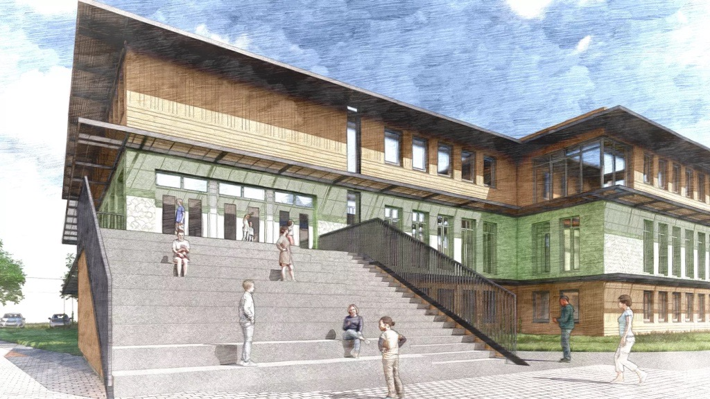 Het gebouw naast onze school.